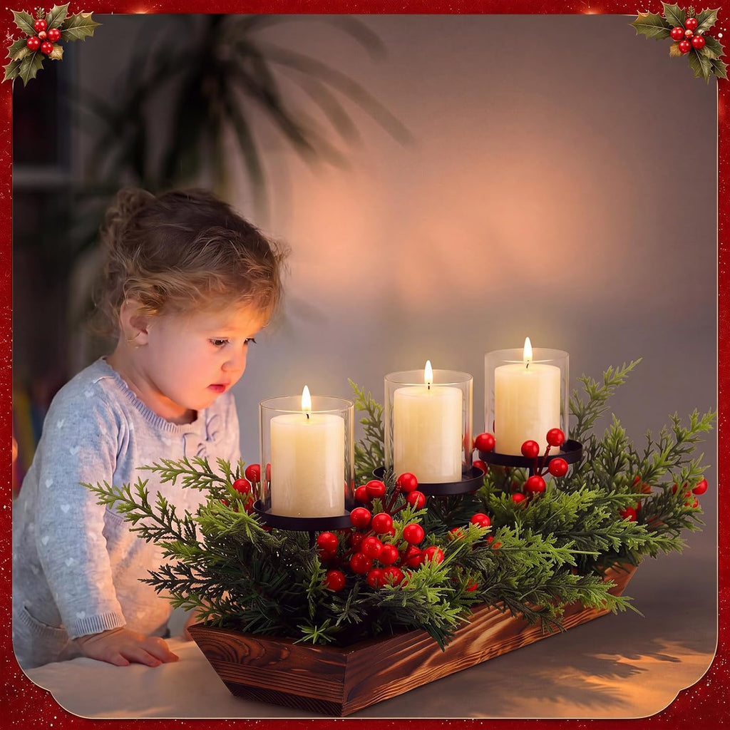 3 Pillar Christmas Candle Holder Centerpiece Norfolk Pine Decor