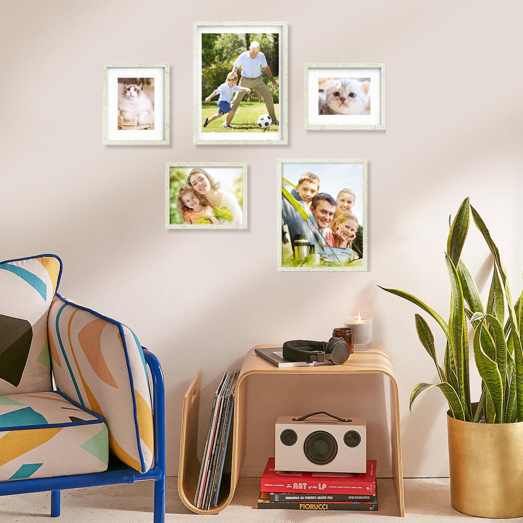 8x10 Picture Frame Set with Mat for Wall Collage - 6 pcs Distressed White Farmhouse Photo Frames for Hanging Wall or