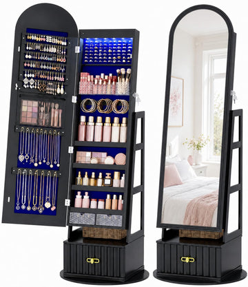 Arched LED Mirror Jewelry Cabinet with Full Length Mirror, Black