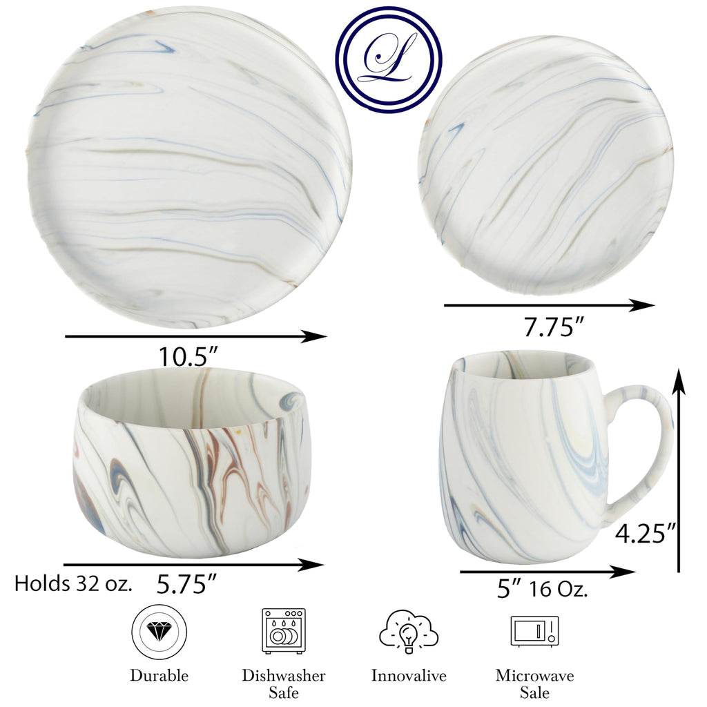 Marble Pattern Dinnerware Set, 16 Piece Service for 4, Includes 10.5" Dinner Plates, 7.75" Salad Plates, 32 oz Bowls