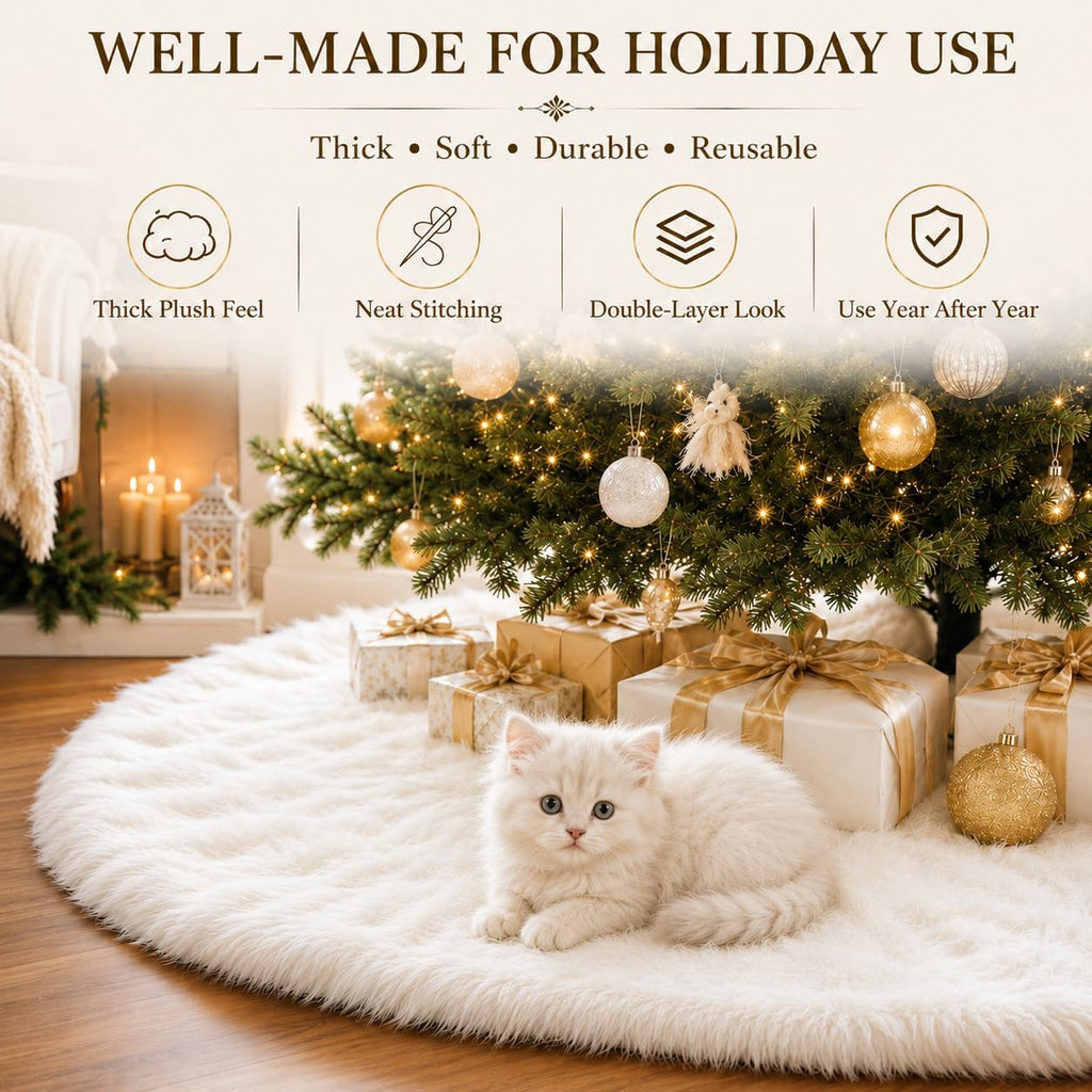 48 Inch White Faux Fur Christmas Tree Skirt, Luxury Plush Tree Base Cover and Home Christmas Decor