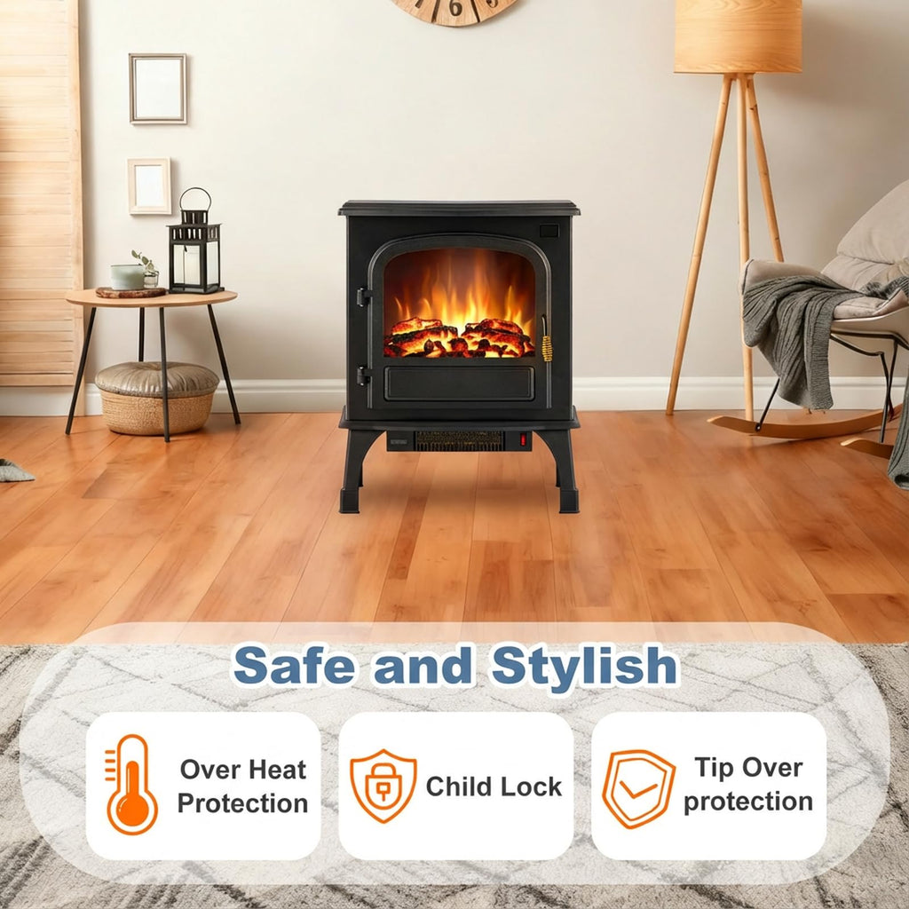 Electric Fireplace Heater, 26" Freestanding Electric Fireplace Stove with 3D Flame Effect & Remote Control, Stylish