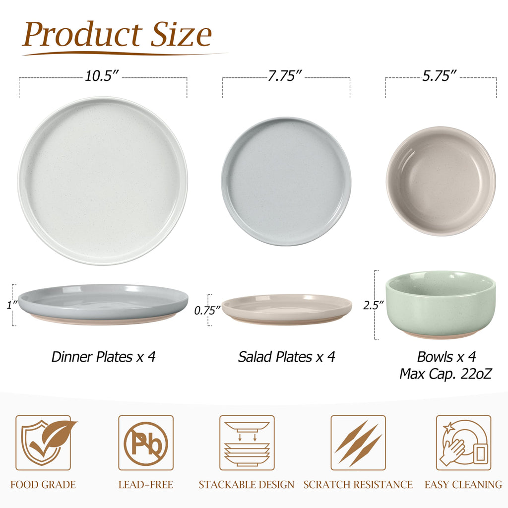12 Piece Ceramic Dinnerware Set, Stoneware Dinner Dish Set for 4, Kitchen Modern Dishware Plates and Bowls, Scratch