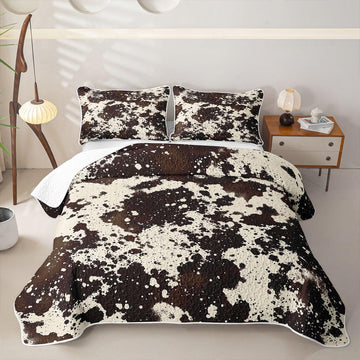 Brown Cowhide Print Quilt Bedding Set Simulated Cow Fur Print Lightweight Quilt Set Rustic Farmhouse Coverlet