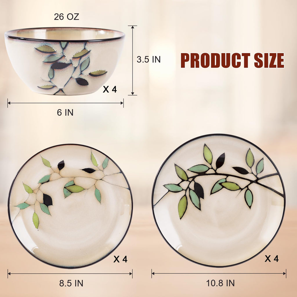 Bamboo Leaf Ceramic Dinner Plates Set of 12, Porcelain Dinnerware for Steak/Salad/Pasta/Dessert, Perfect , Party