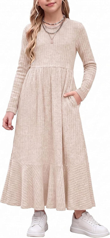Girls Sweater Dress Long Sleeve Knit Pullover Maxi Pockets Dresses