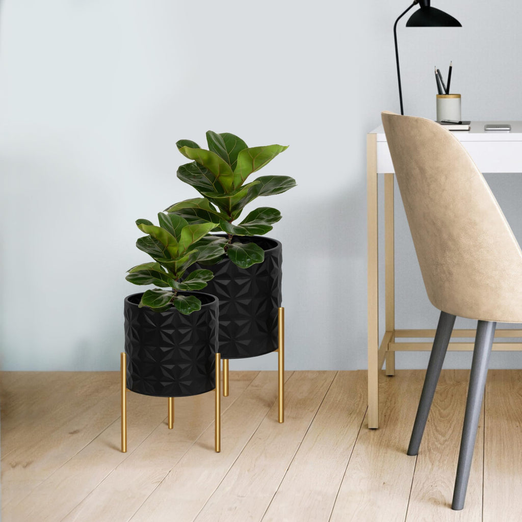 Modern Planter Pots, Set of 2 Large Planters with Stand, Decorative Planters, Metal Pots with Drainage Holes, Garden