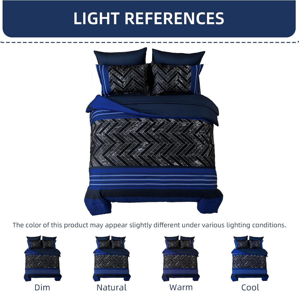 Blue Comforter Set King, 7 Pieces Stripe Geometric Bed in a Bag, Geometric Comforter and Sheet Set