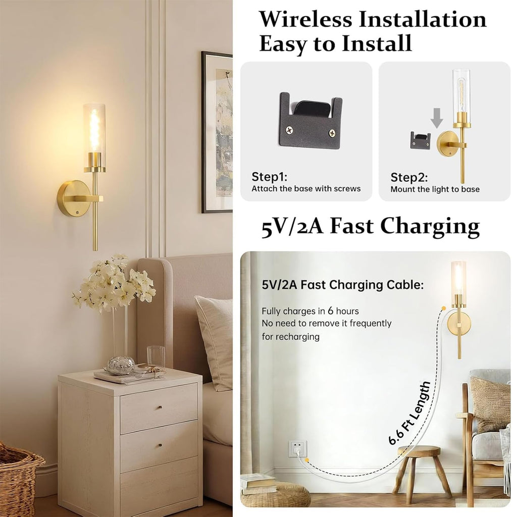 Set of 2 Battery Operated Wall Sconce with 3 Color Temperatures & Remote Control, Gold Rechargeable Dimmable Wall