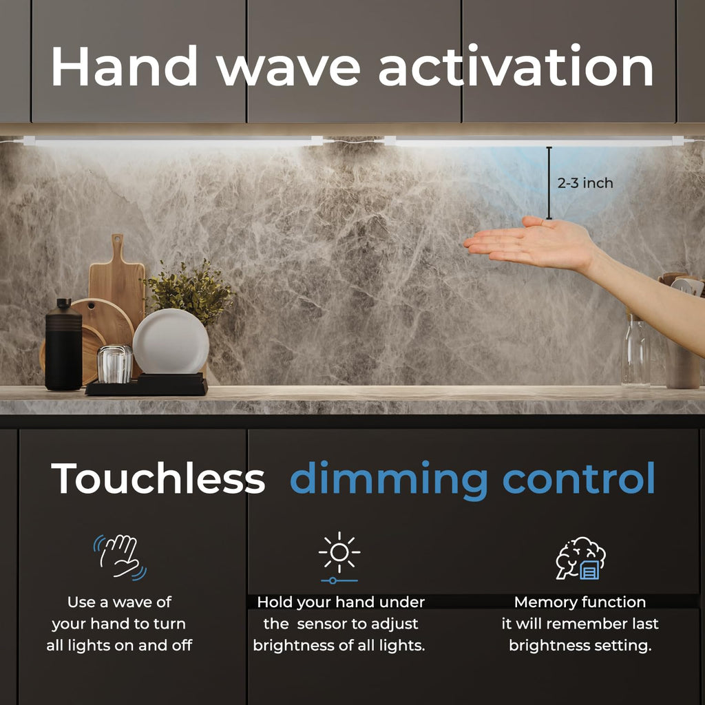 Hand Wave Activated Under Cabinet LED Lighting Kit, Dimmable, 3-Pack 12 in - Touchless Dimming Control, Black Under