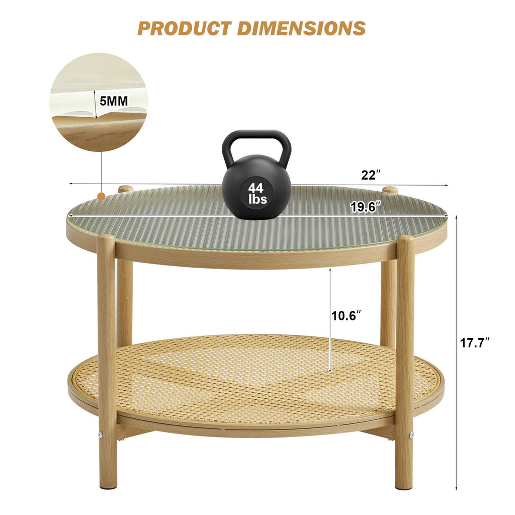 19.6" Boho Rattan Coffee Table, Round Tempered Glass Metal