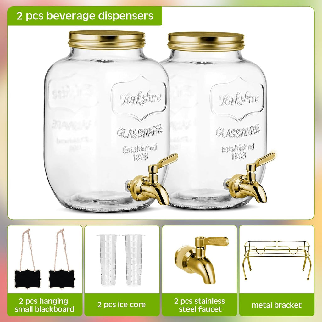 Gallon Glass Drink Dispenser with Stand Ice Cylinder Hanging Chalkboard Signs 18/8 Stainless Steel Spigot - Set of 2