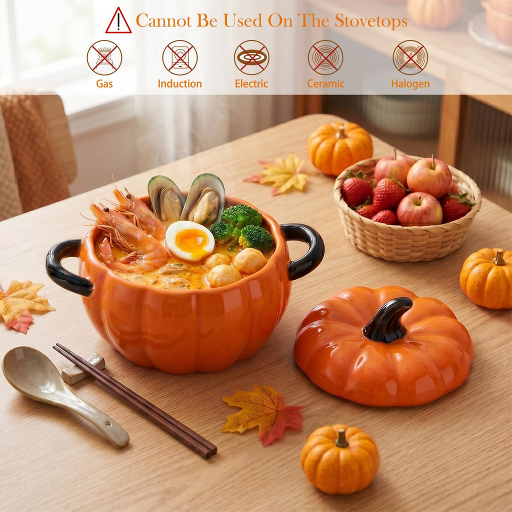 Pumpkin Soup Bowl, 64oz Ceramic Pumpkin Pot with Lid (Orange)