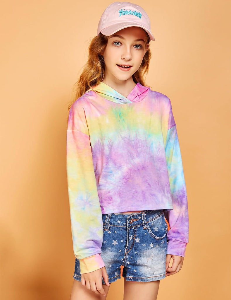 Girls Cropped Hoodie Kids Long Sleeve Crop Tops Tie-dye Hoodies Hooded Pullover Sweatshirts