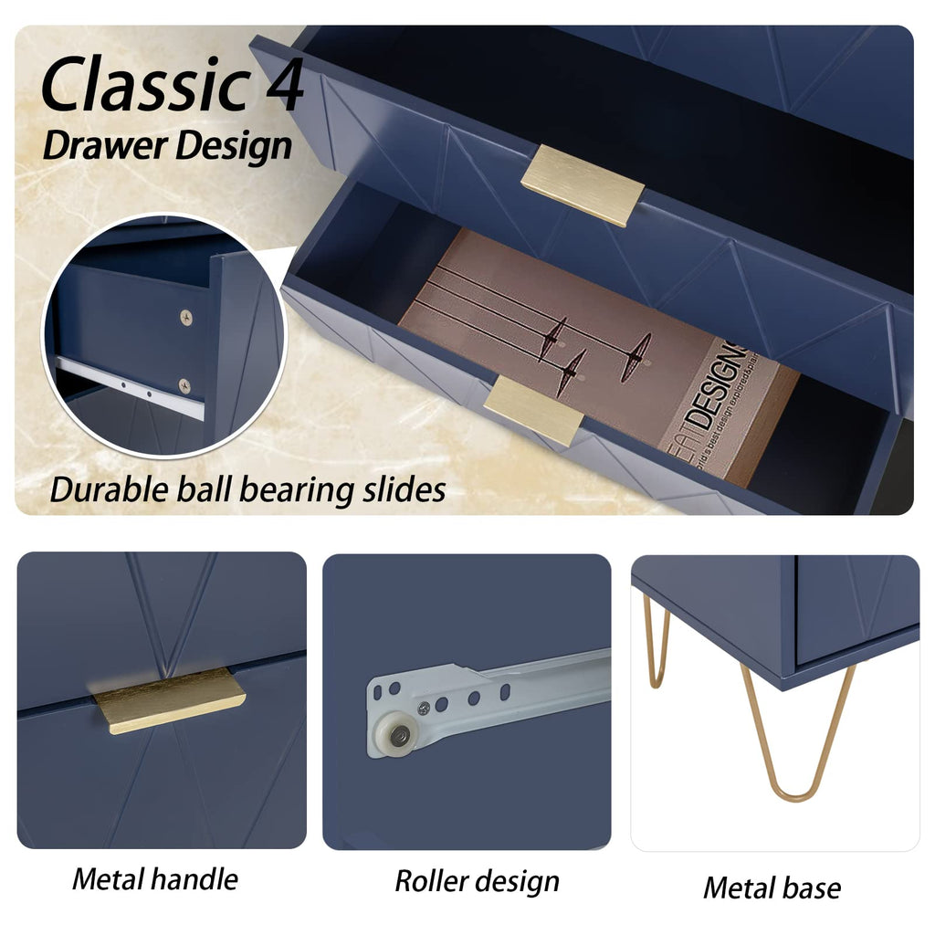 Navy Blue Tall 4 Drawer Dresser Black with Gold Handles, Drawer Chest Tall Storage Dresser Cabinet Organizer Unit