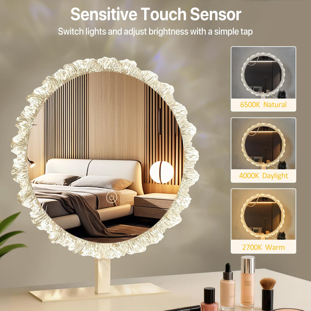 Round Vanity Mirror with Lights, 16" Crystal Frame, Touch Control