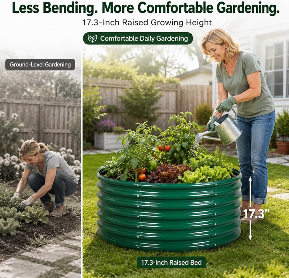 17" Tall 3FT Round Raised Garden Bed, 2 Pc Galvanized Raised Box, Dark Grey | Bottomless High Metal Garden Bed