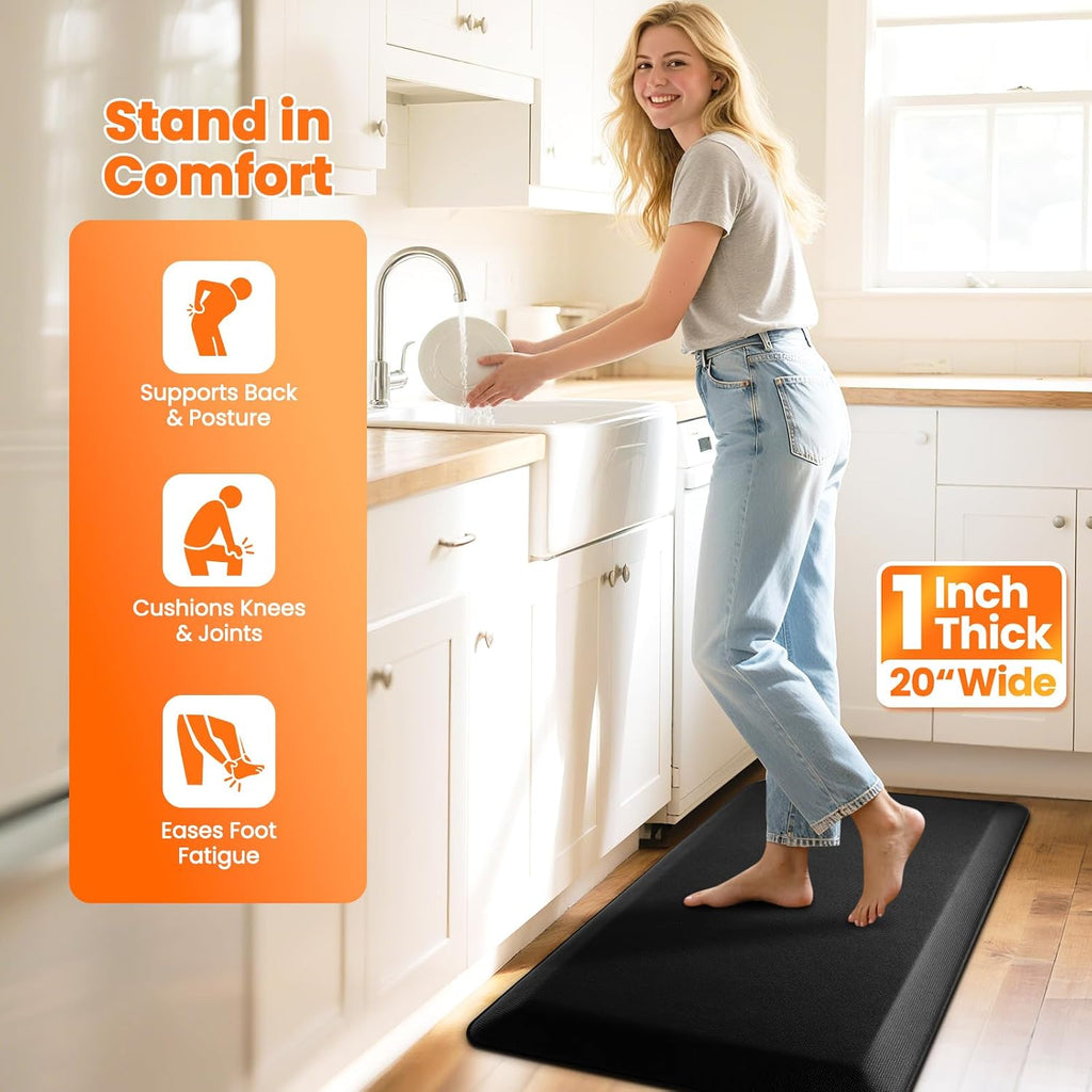 1-Inch Thick Anti-Fatigue Mat and Standing Desk, 20"x32", Black | Extra-thick cushioning, water-resistant surface