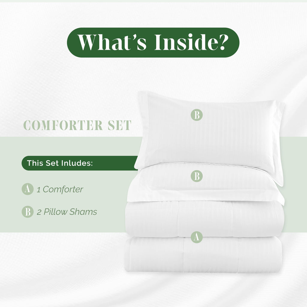 3-Piece Stripe Cotton Comforter Set - 100% Egyptian Cotton Premium Hotel Quality - Box Stitched, All Season Down