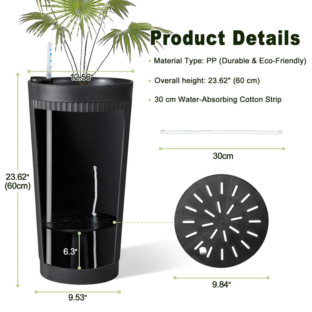 Self Watering Tall Planters Set of 2, Black Round