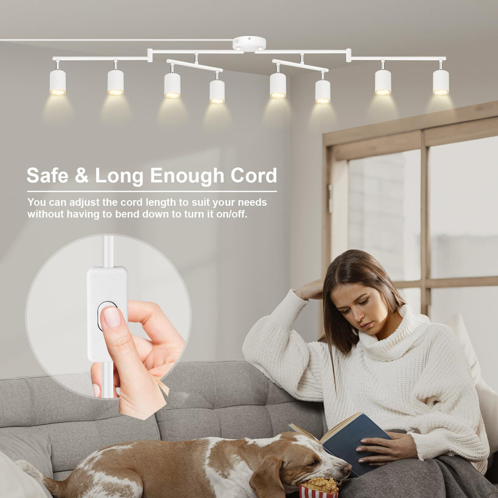 Plug in Track Lighting LED, Track Lighting Fixtures Ceiling, White 8-Light Kitchen Light Kit, Plug in Wall Light