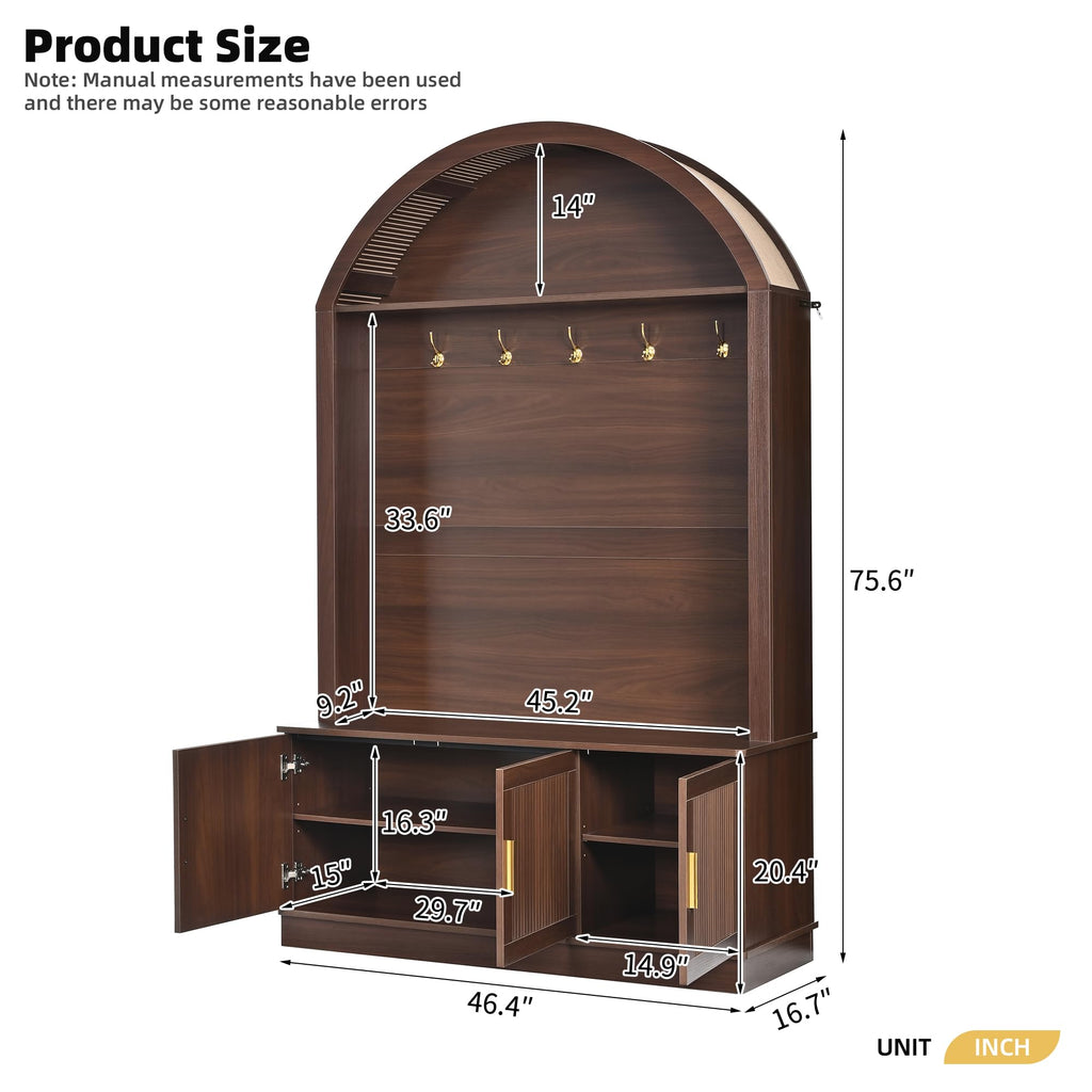 Farmhouse Hall Tree with Bench, Arched Entryway Hall Tree with 5 Hooks, Open Shelf & Fluted Door Cabinets, Mid