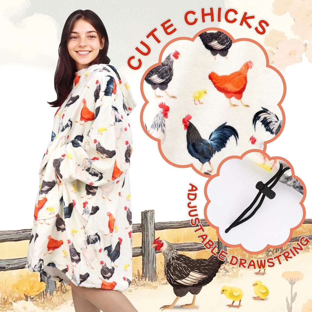 Chicken Wearable Blanket Hoodie for Women - Funny Hooded Blanket with Oversized Pocket - Chicken Decor Gifts for