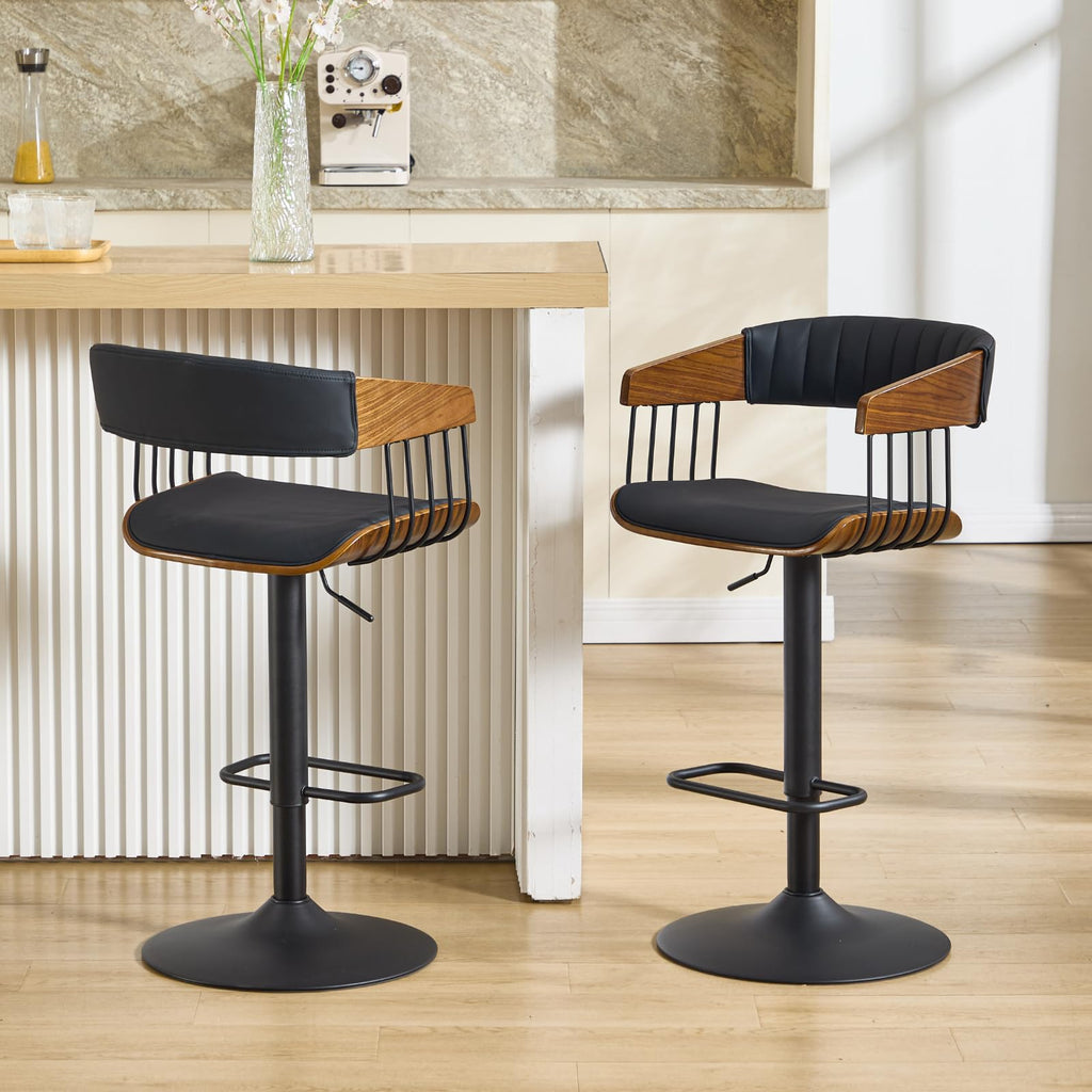 Swivel Adjustable Bar Stools Set of 2, Mid-Century Modern Counter Stools Bar Chairs with Barrel Walnut Back and Arms