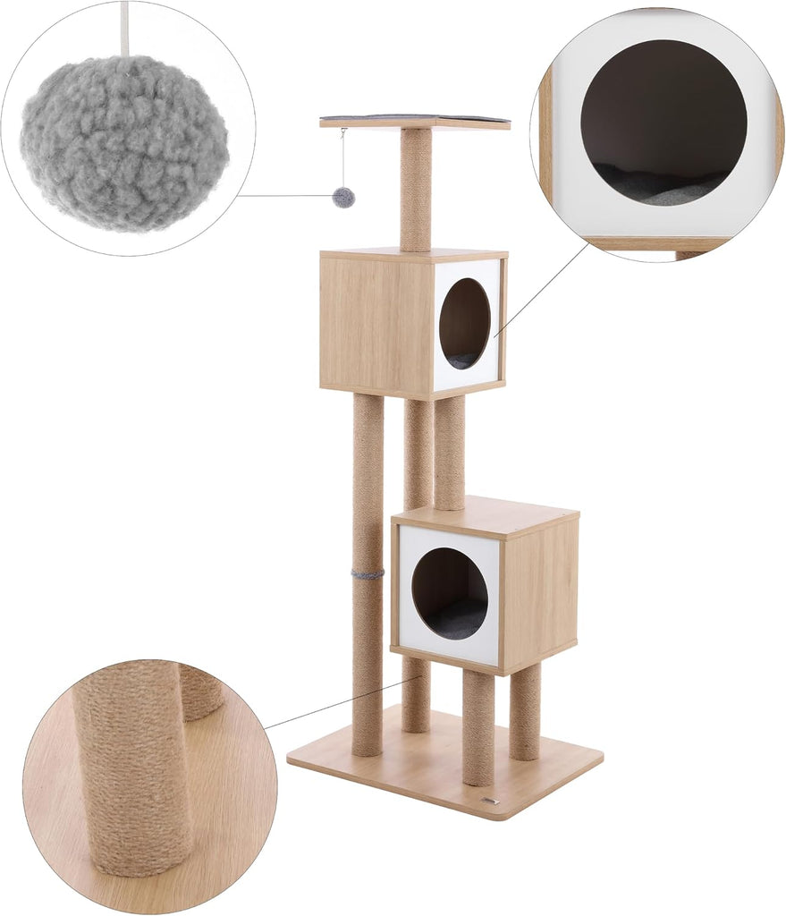 Sawyer 56" 3-Tier Minimalist Jute Cat Tree Condo with Scratching Posts, and Fuzzy Toy, Brown/White