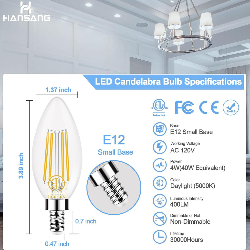 E12 LED Candelabra Light Bulbs 40W Equivalent 5000K Daylight