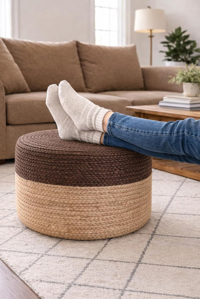 Pouf Ottoman 100% Jute Pouffe Natural Brown (18"x18"x12") | Hand Knitted Traditional Cord Boho Ottoman Jute Braided