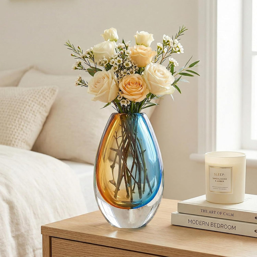 Hand Blown Art Glass Vase, Murano Inspired vase, Amber Blue Decorative Accent with Oval Silhouette for Dining Table