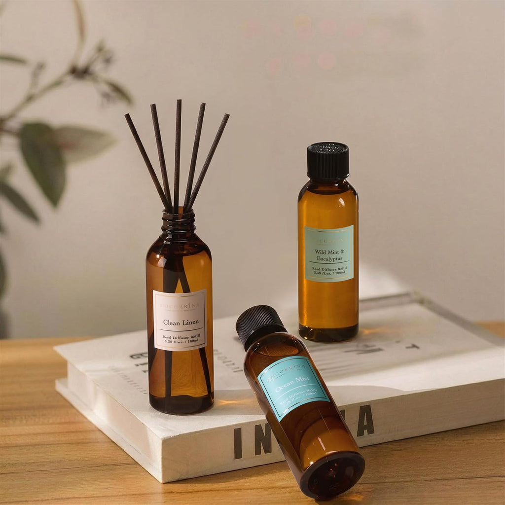 Reed Diffuser Refill Set, 10.2oz Scented Oil Refill 3 Pack, Clean Linen, Ocean Mist, Eucalyptus & Moss, Long Lasting - Set of 3