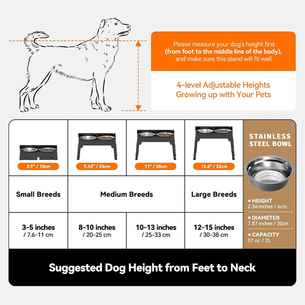 Elevated Dog Bowls, Splash Guard 4-Height Adjustable, Stainless Bowls