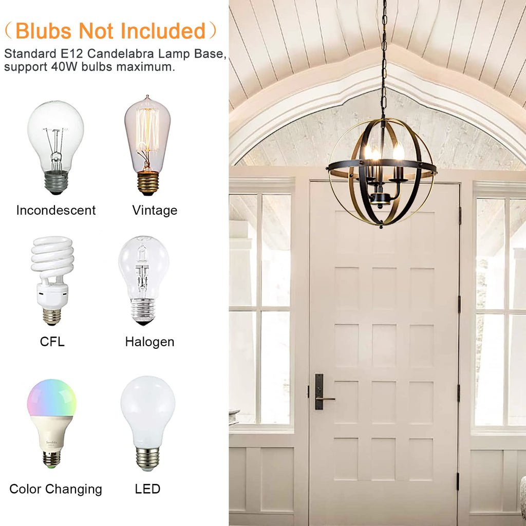 Chandelier Farmhouse Hanging Lighting, 3 Lights Globe Ceiling Light Fixture, Metal Swag Pendant Lighting, E12 Base