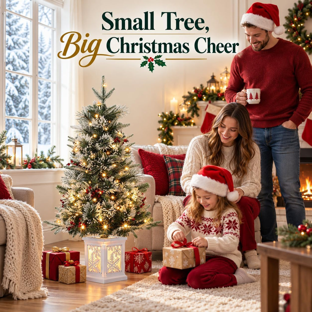 3 Ft Pre-Lit Christmas Tree, Artificial Christmas Tree with Base, Xmas Tree with Timer, Christmas Decoration , Easy