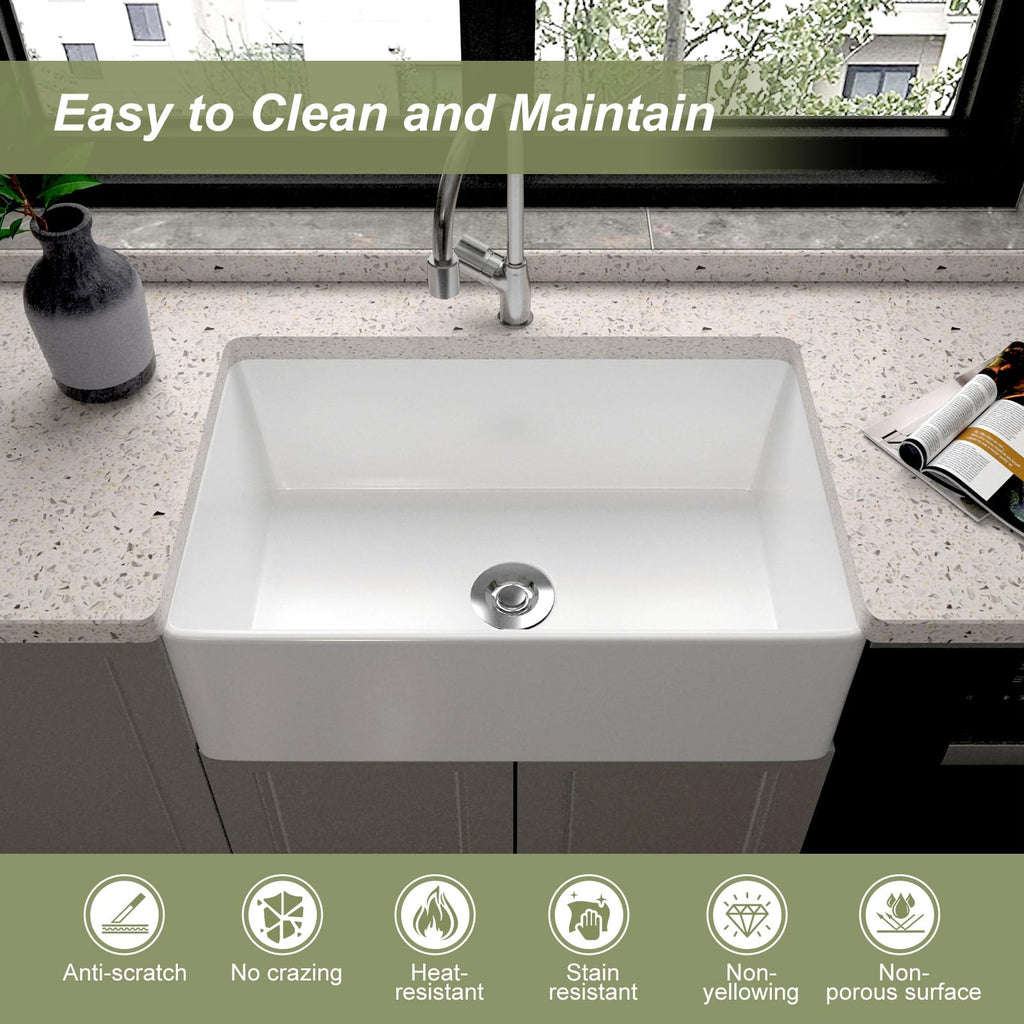 Farmhouse Kitchen Sink, 30-inch Single Bowl Sink with Bottom Grid & Strainer, Large Apron-front Ceramic Porcelain
