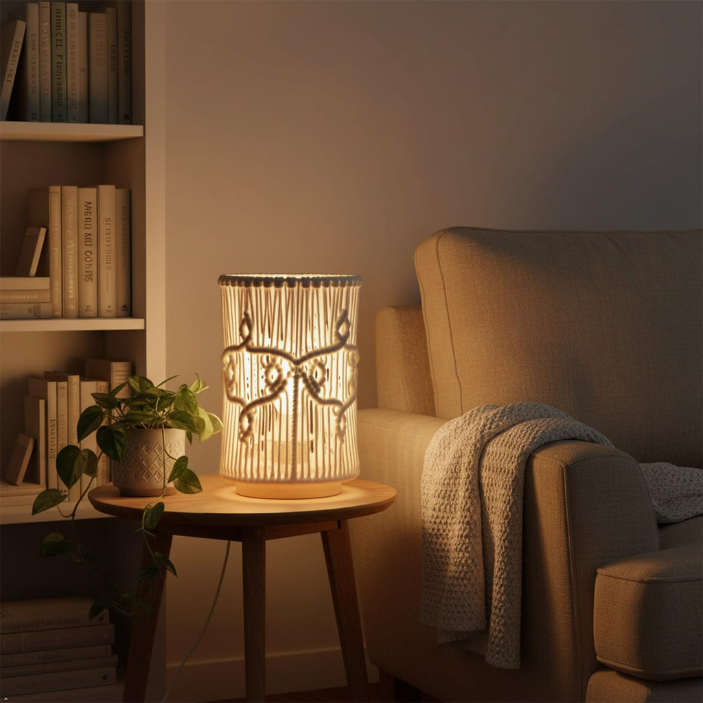 Table Desk Lamp, Small Boho Hollow-Out Decorative Bohemian Macrame Handmade Nightstand Night Light Solid Wood Base