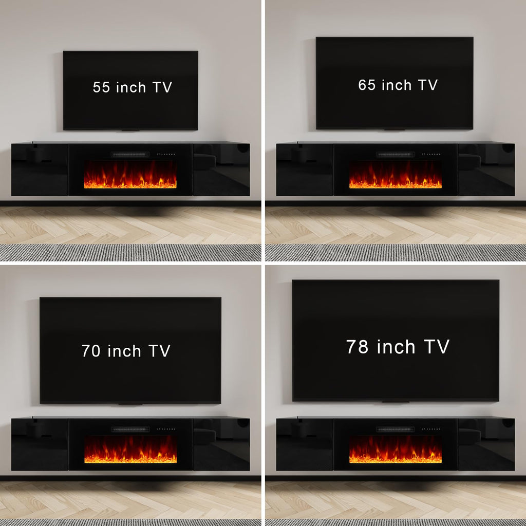 68" Floating TV Stand with 36" Electric Fireplace & LED Lights
