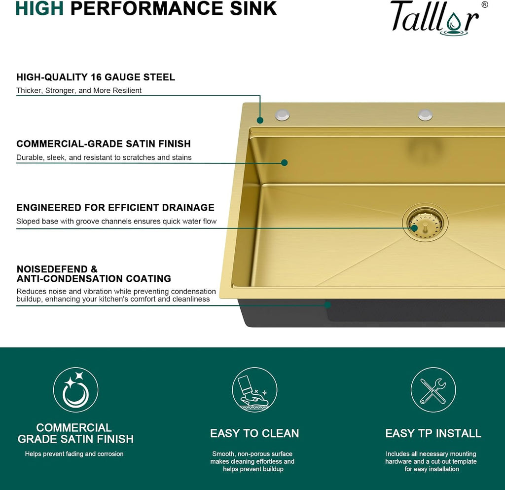 30x22 Gold Drop Sink with Faucet, Workstation 16 Gauge T-304 Stainless Steel Single Bowl Topmount Kitchen Sinks with