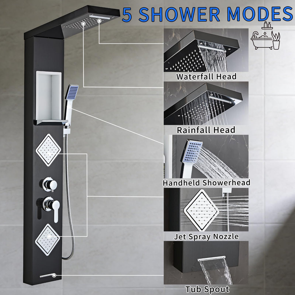 Shower Panel Tower System with Storage- Brushed Black