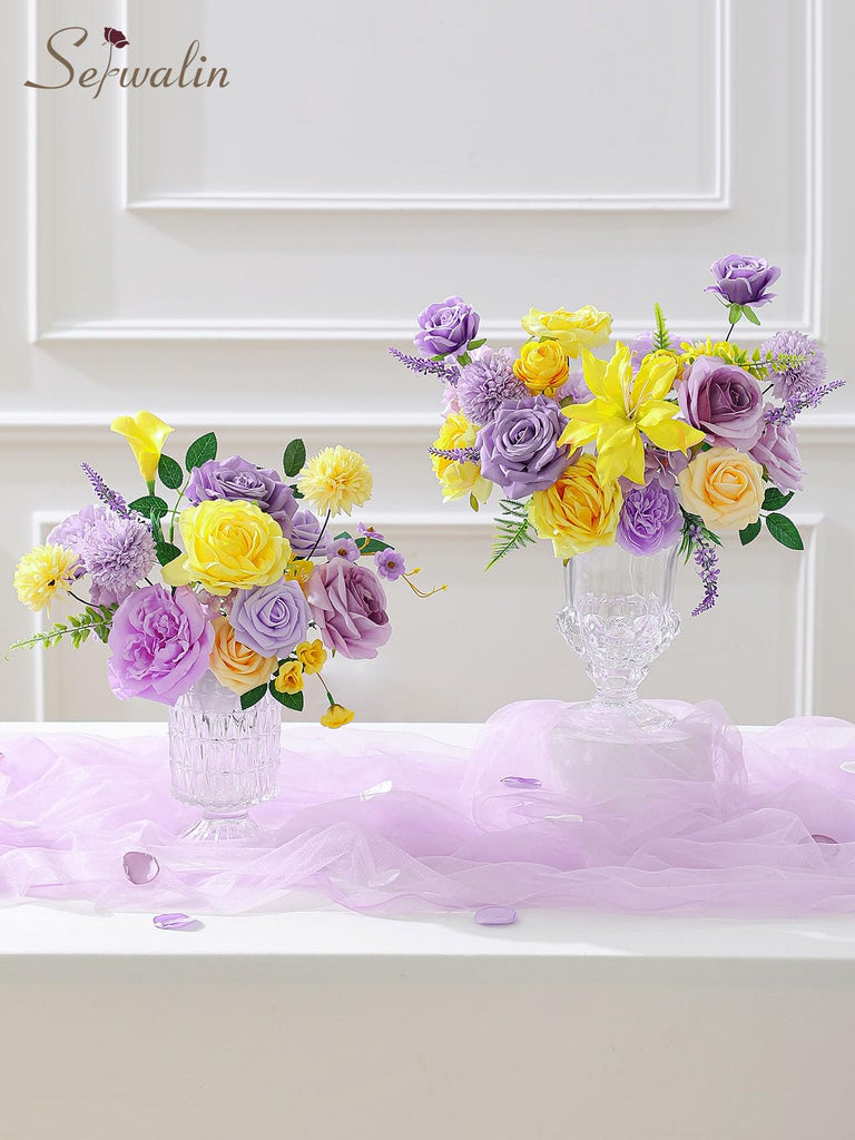 Artificial Yellow & Purple Flowers Silk Fake Rose Flower for Decor