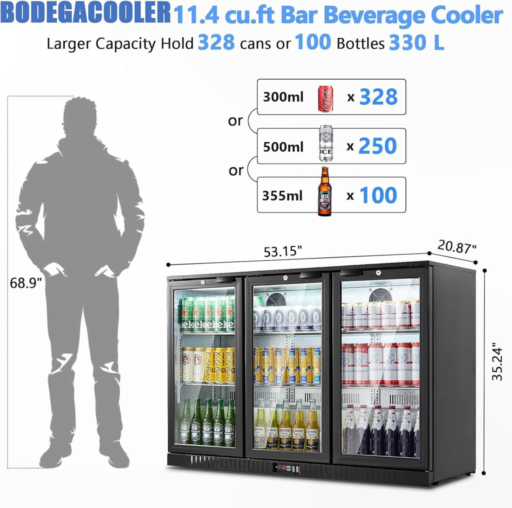 BODEGACOOLER Commercial Bar Cooler With 3 Glass Doors,11.4 Cu.Ft Under Counter B