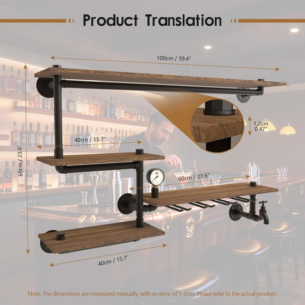 Industrial Pipe Shelving Wine Rack Wall Mounted,Bar Shelves Hanging Wine Rack with 4 Stem Glass Holder,Liquor Bottle