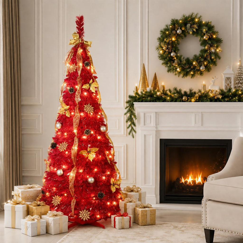 6ft Pop Up Artificial with Lights, Decorated Prelit Collapsible with 150 Warm White Lights, Pull Up Xmas Trees for