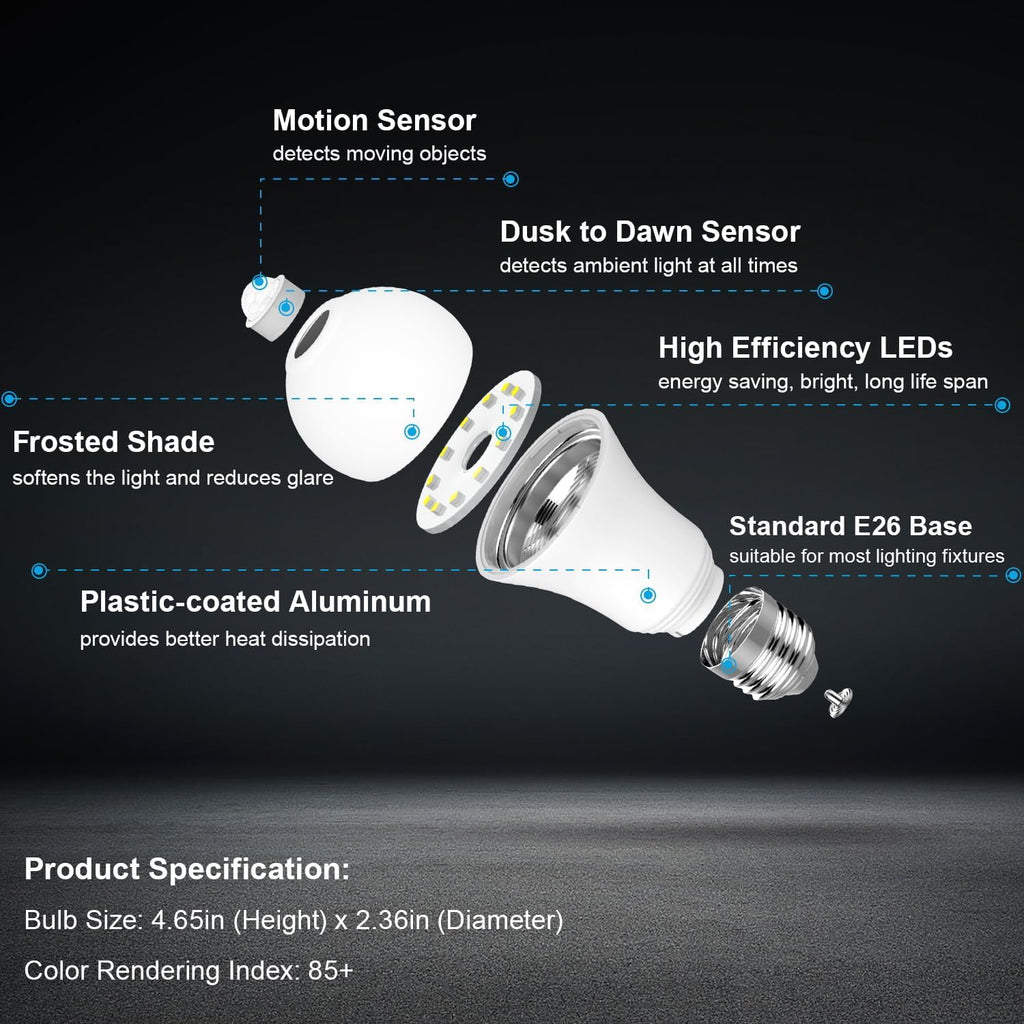 Motion Sensor Light Bulbs Dusk to Dawn 13W 100W Equivalent 1100lm Movement Activated Security LED Light Bulb 2700K