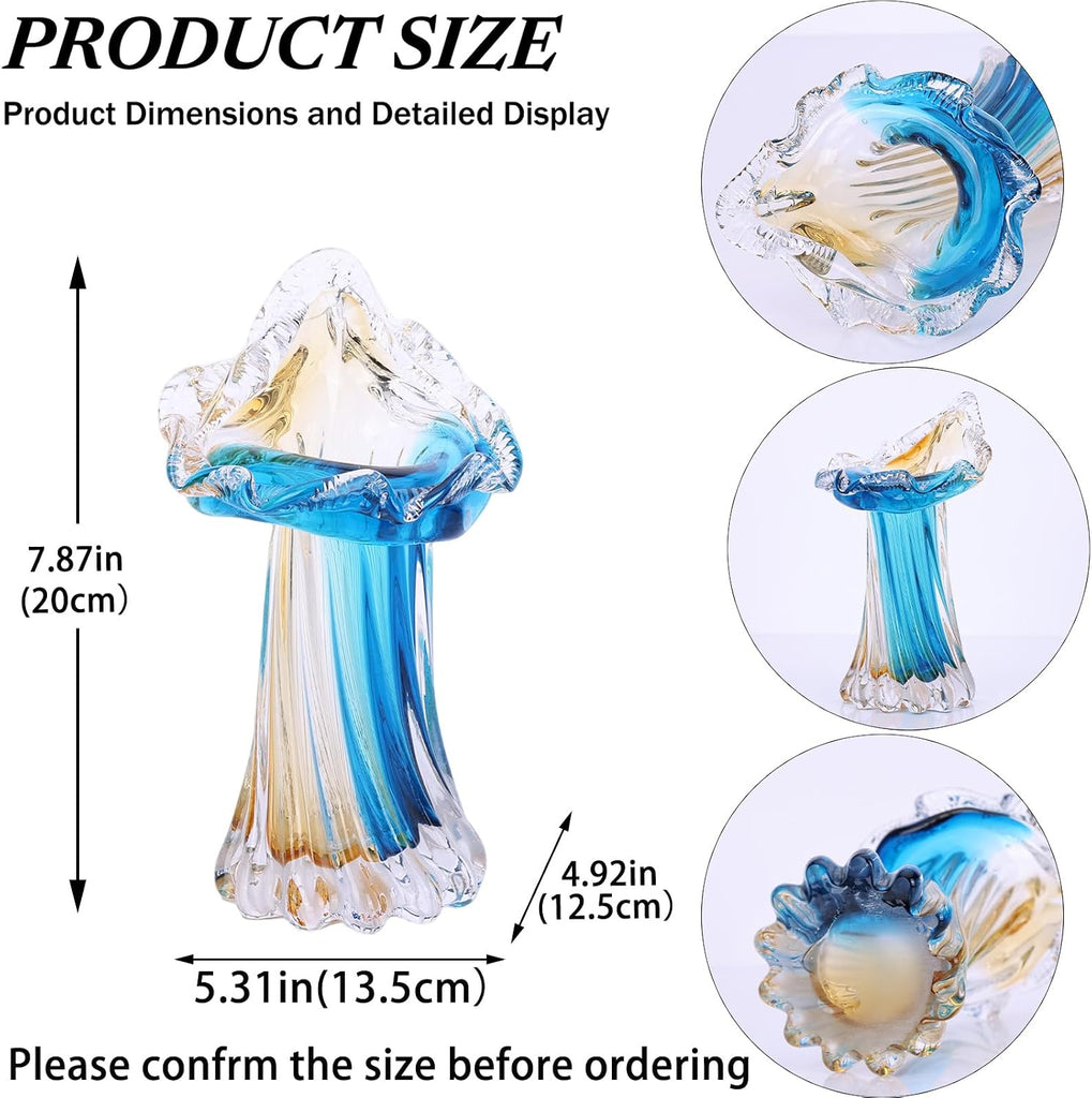 Hand Blown Blue & Yellow Sunset Coast Jellyfish-Shaped Glass Vase, Mini Ocean-Themed Art Sculpture Vase Centerpiece