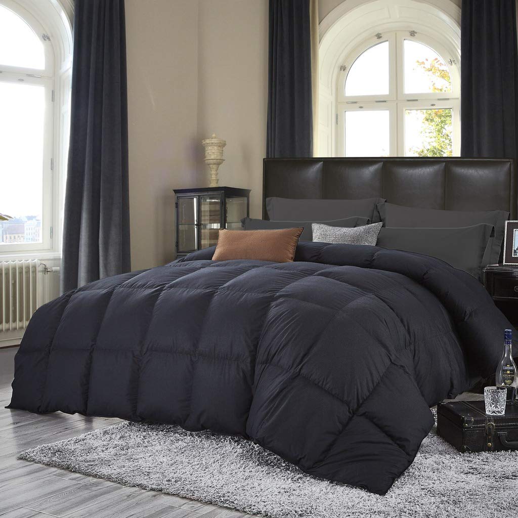 Luxurious All-Season Goose Down Comforter King Size Duvet Insert, Classic Black, Premium Baffle Box, 1200 Thread