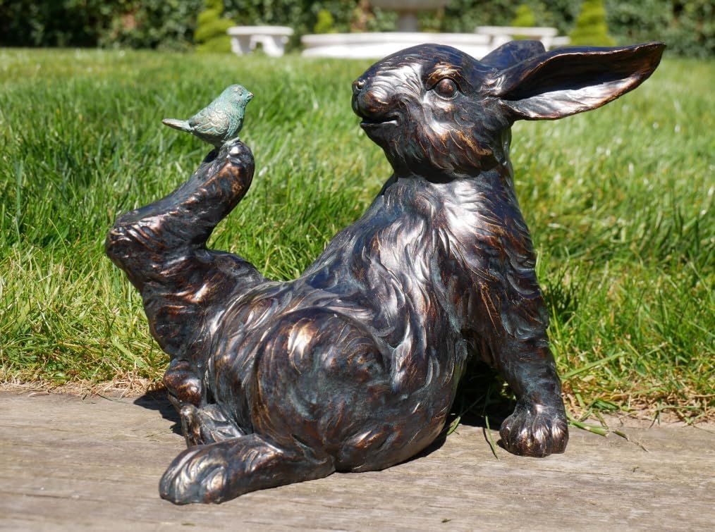 Rabbit & Bird Resin Indoor Outdoor Garden Ornament Bronze Effect Decoration Patio Decking Statue Farmhouse Style