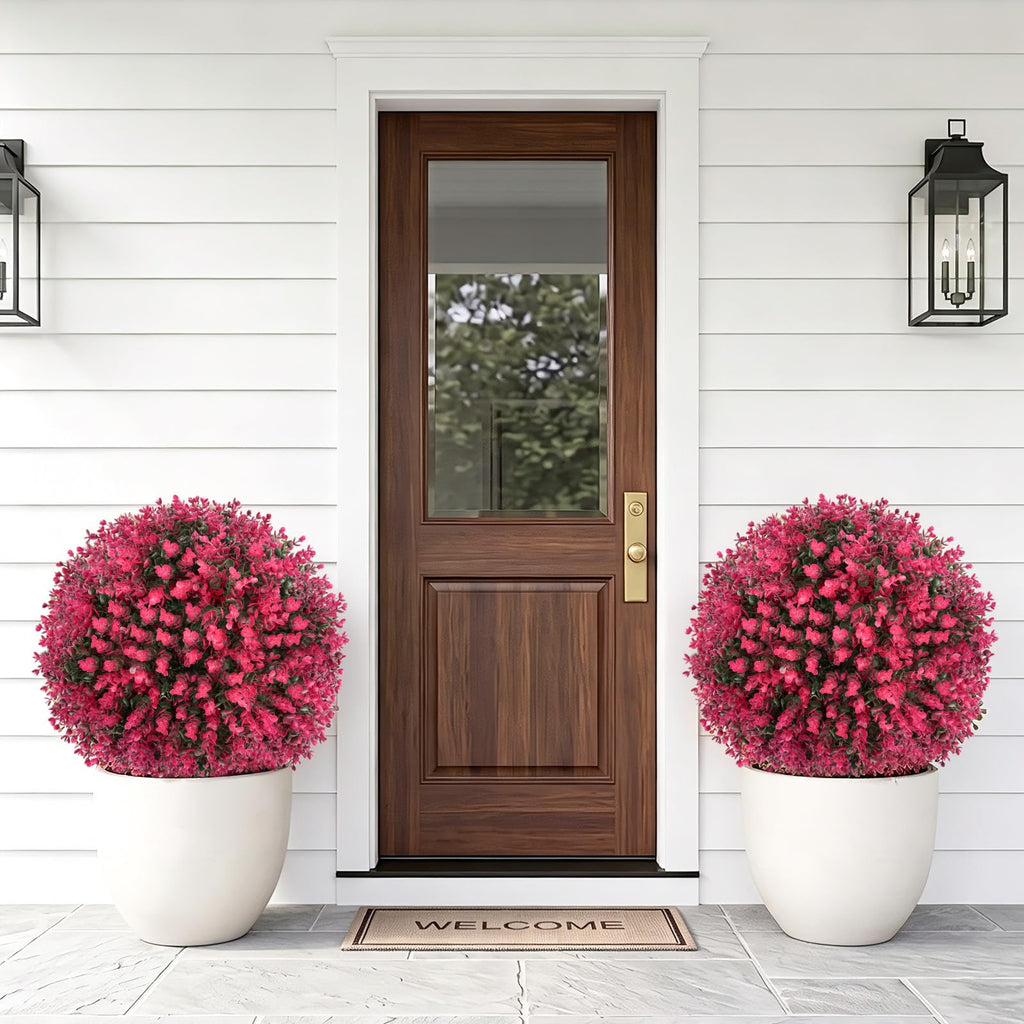 Artificial Red Eucalyptus Topiary Ball Tree, Set of 2 Fake Boxwood Bushes Shrubs with Ground Spike, UV Resistant Faux